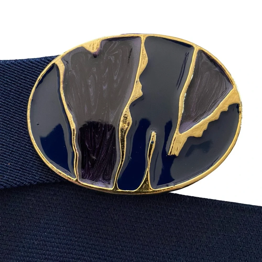 Vintage 80s Elastic Stretch Belt Navy Blue With Decorative Buckle